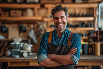 Obraz premium Small business owner testimonial image, matured senior person wearing an apron in the studio, Elder man standing with his arms crossed, Portrait of a craftsman standing with in the workshop studio