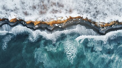  an aerial view of a body of water with ice on the water and snow on the rocks on the side of the water and on the edge of the water.