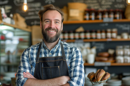 business owner testimonial image, smiling young businessman wearing an apron in the shop, indoor food and beverage photography  with co worker standing in the shop wearing an apron wallpaper concept