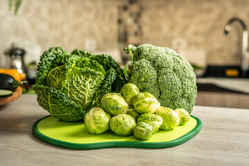 Top view photo of many eco and bio green cauliflower, broccoli and cabbage in market.