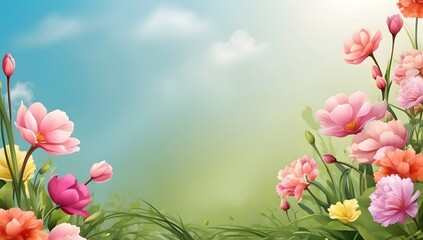 Spring background with flowers and grass. Vector illustration for your design.