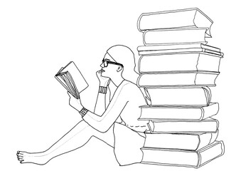 Hand-drawn illustration of a stack of books and a reading person digitized on a transparent background