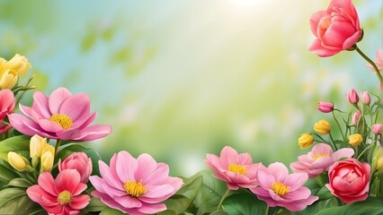 Fototapeta premium Spring background with pink flowers and green leaves. Vector Illustration.
