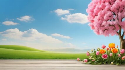 Spring background with tulip flowers and spring landscape. 3D Rendering