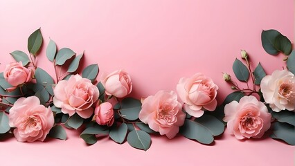 Beautiful pink roses and eucalyptus branches on pink background