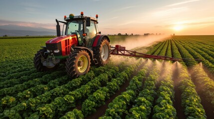 Tractor spraying pesticides in vegetable field  - obrazy, fototapety, plakaty