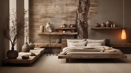Design a calming "wabi-sabi" bedroom with neutral tones, natural textures, and imperfect elements for serenity