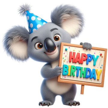 Cute Animal 3D Koala Holding 'Happy Birthday' Board and Wearing Party Cap Cartoon: Isolated on Transparent Background - Clipart PNG Sticker Design	