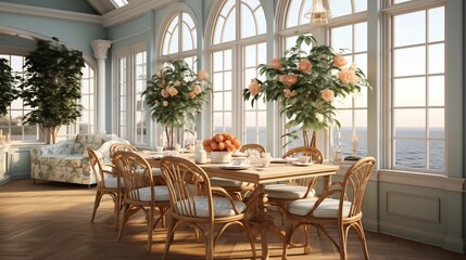 Design a "grandmillennial" dining room with light blue floral wallpaper, vintage rattan chairs, and natural light streaming in