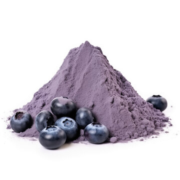 close up pile of finely dry organic fresh raw bilberry powder isolated on white background. bright colored heaps of herbal, spice or seasoning recipes clipping path. selective focus