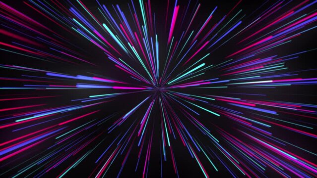Multi-colored, rainbow splash of glowing synthetic lines. Abstract data flow tunnel radial lines explosion stars. Looped 3d futuristic background, hyperspace zoom. Neon. Time loop 4k.