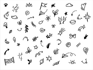 Hand drawn doodle design elements, black on white background. Doodle heart, arrow, star, sparkle decoration symbol set icon. symbols, cute decorative brush stroke lines sketch pen design elements