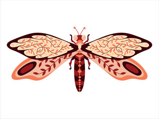 beautiful butterfly Dragonfly insect. Decorative stylized insect with a botanical pattern on the wings. Beetle wings. Vector illustration on a white background.