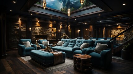 Design a home theater seating arrangement with reclining chairs and a dedicated movie screen