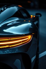 Close up front headlight with yellow xenon light on black sport car at evening scene. AI generated - obrazy, fototapety, plakaty