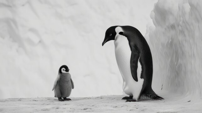  two penguins standing next to each other in front of a wall of snow with a small penguin in the foreground and a larger penguin on the right side of the photo.
