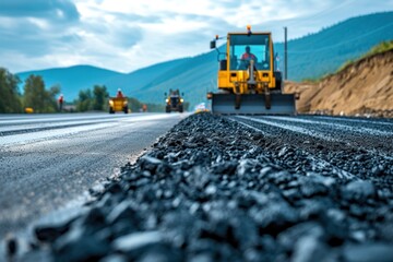Yellow Bulldozer Driving Down Road Next to Hill, laying new asphalt pavement