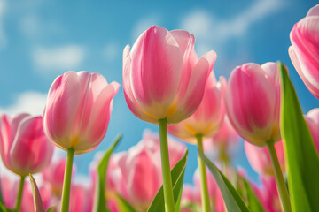 Vibrant pink tulips reaching for the sky, a spring spectacle on blue sky and clear outdoors weather. Minismialist nature image with copy space.