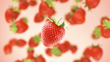 A whole strawberry flies in and spins against a background of strawberries.