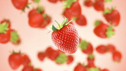 A whole strawberry flies in and spins against a background of strawberries.