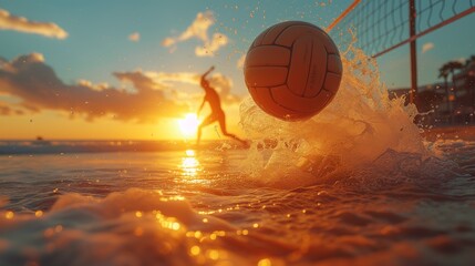 a game of beach volleyball at sunset.