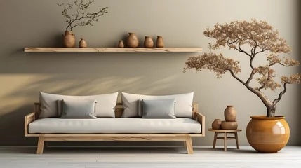 Schilderijen op glas Embrace Japandi minimalism with light wood furniture, clean lines, and natural elements like bonsai trees © Aeman