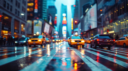 Fototapeta na wymiar Defocused background with bokeh effect of New York street, dusk, evening street with taxis, cars and lit lights, wet after the rain