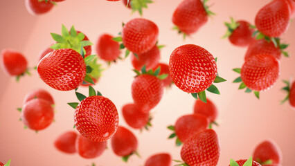 Fresh Strawberries floating against red background