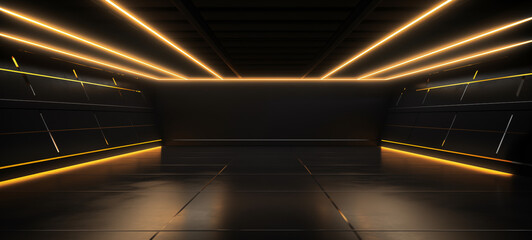 wide background banner of a dark empty garage, hangar with gold yellow neon lights in a minimalism architecture. ai generative