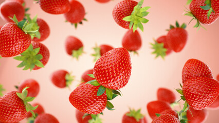 Fresh Strawberries floating against red background