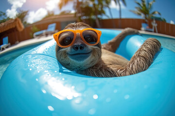 Cheerful happy sloth with sunglasses swimming in the pool on an inflatable blue circle. Concept of fun holidays in vacation