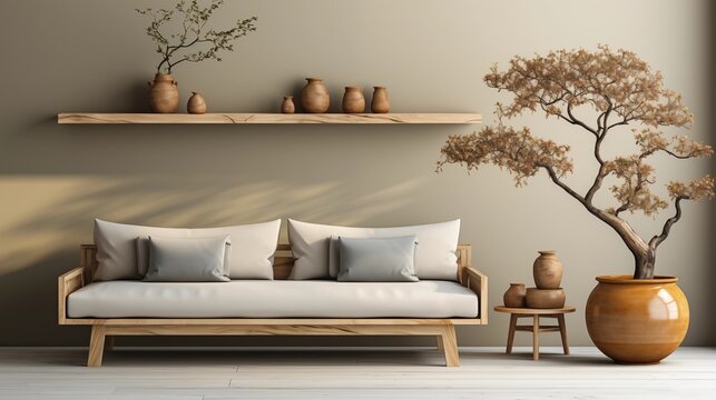 Embrace Japandi minimalism with light wood furniture, clean lines, and natural elements like bonsai trees