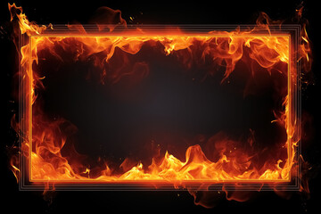 Rectangular frame engulfed by bright flames, black background with geometric shape and dynamic movement of fire on burning object, empty backdrop with copy space