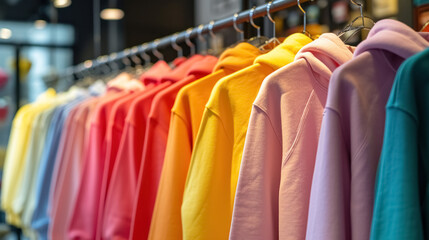 Row of colorful pastel colors casual attire hoodies on hangers in clothing shop close up, modern...