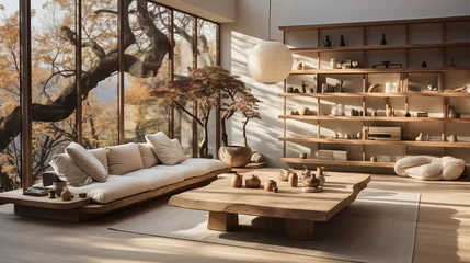 Deurstickers Embrace Japandi minimalism with light wood furniture, clean lines, and natural elements like bonsai trees © Aeman