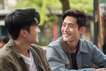 two young asian men talking smiling happy friends sitting in street near trees spring sunlight handsome friendship warm bond guys upbeat outdoors denim shirts in their twenties asia korean japanese - obrazy, fototapety, plakaty