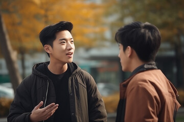 two young asian men having a passionate discussion students on university campus smiling friends in the park trees autumn handsome yellow brown friendship warm bond happy guys upbeat outdoors  - obrazy, fototapety, plakaty