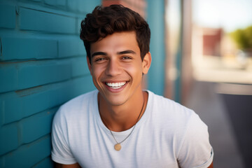 portrait of a young hispanic man against a blue wall bright playful smile happy latino joyful white teeth colorful light handsome twenties tanned warm look latin teenager summer friendly student medal