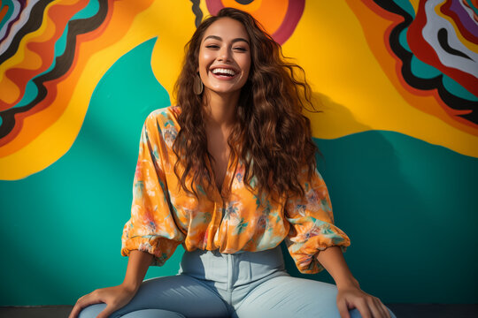 colorful portrait of a radiant young woman smiling hispanic latina long hair wall happy joyful cheerful wearing blouse sunlight bright smile pretty tanned orange green yellow blue red vivid colors