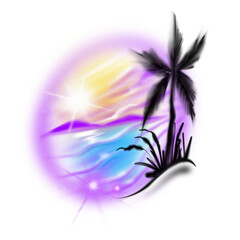 Fototapeta na wymiar airbrush vintage tropical palm paradise beach island scene with clear sky on sunset sunrises you can add text for your tshirt merch design or background poster.