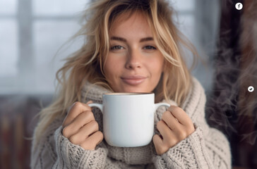 a pretty blonde woman holds a white cup in her hand