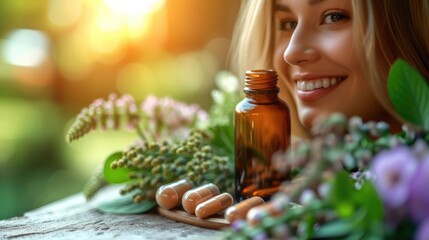 Natural remedies: herbal therapy, medicines, drugs, tincture, infusion, homeopathy for holistic health and wellness solutions in alternative medicine practices. - obrazy, fototapety, plakaty