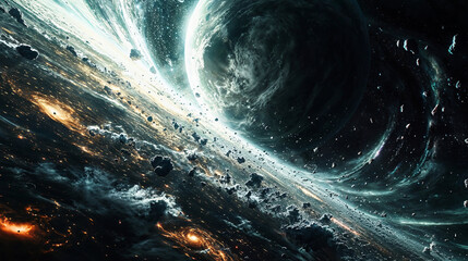 A planet caught in a dynamic dance of gravity, surrounded by a swirling trail of cosmic debris and star dust.