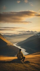 Man Sitting on Top of Grass-Covered Hillside. Generative AI.
