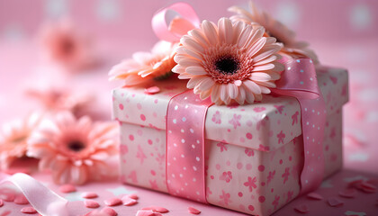Gift box with flowers on a pink background, happy mother's day or birthday concept.