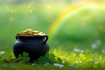 A black pot full of gold coins at the end of the rainbow against a green background St Patrick's Day Irish - obrazy, fototapety, plakaty