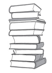 Hand-drawn illustration of a stack of books in three colors digitized on a transparent background