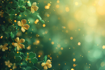 Green and Gold Clover Leaves Against a Bokeh St Patrick's Day Irish Background  - obrazy, fototapety, plakaty