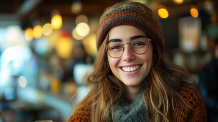 Smiling Woman in Café Wearing a Beanie and Glasses