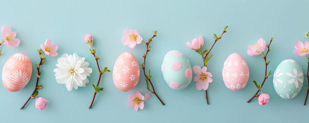 Pastel easter eggs and cherry blossom on light blue background. Happy Easter and springtime...